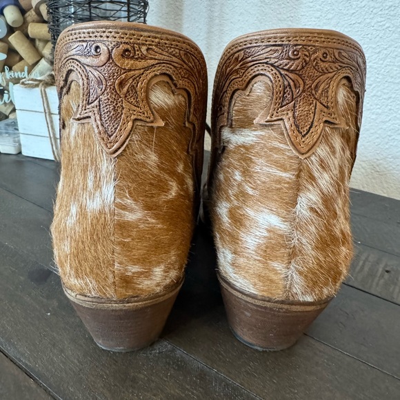 Myra Bag Brown and White Cowhide Tooled Leather Ankle Booties - Picture 3 of 5